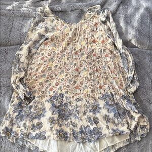 Free People Cream Floral Boho Peasant Tunic with Blue Accents